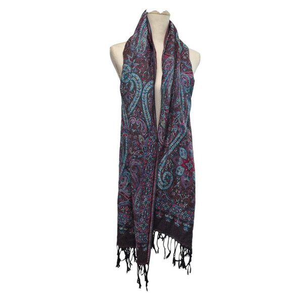 Wrap Shawl Frings Boho Wide‎ Scarf Accessory Blue Purple Paisley Tribal - Picture 3 of 10